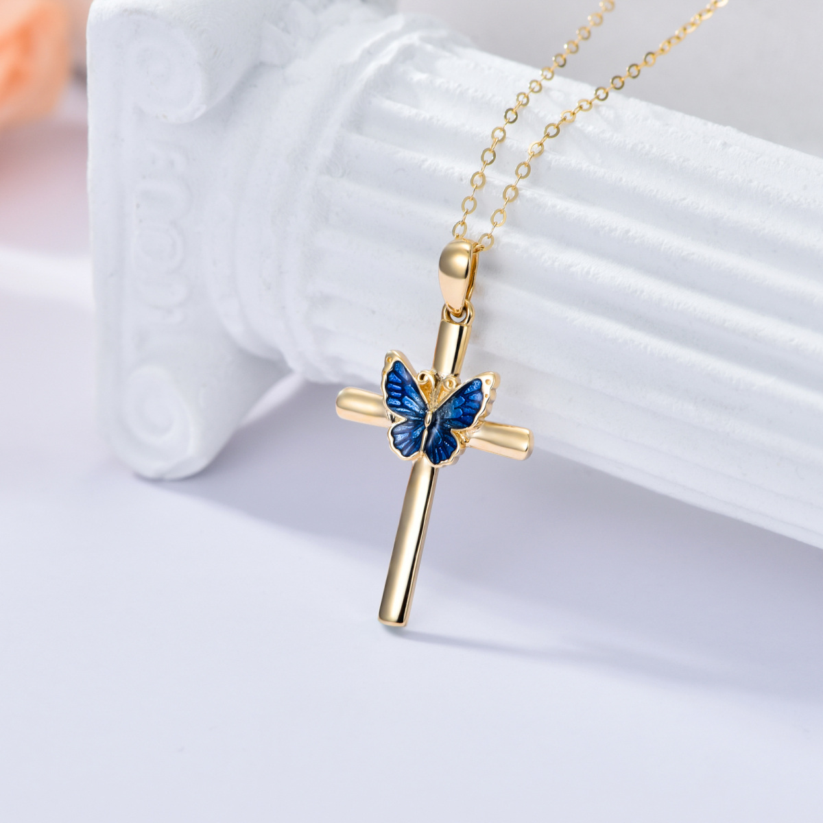 14K Gold Blue Glaze Butterfly Cross Pendant Necklace-3