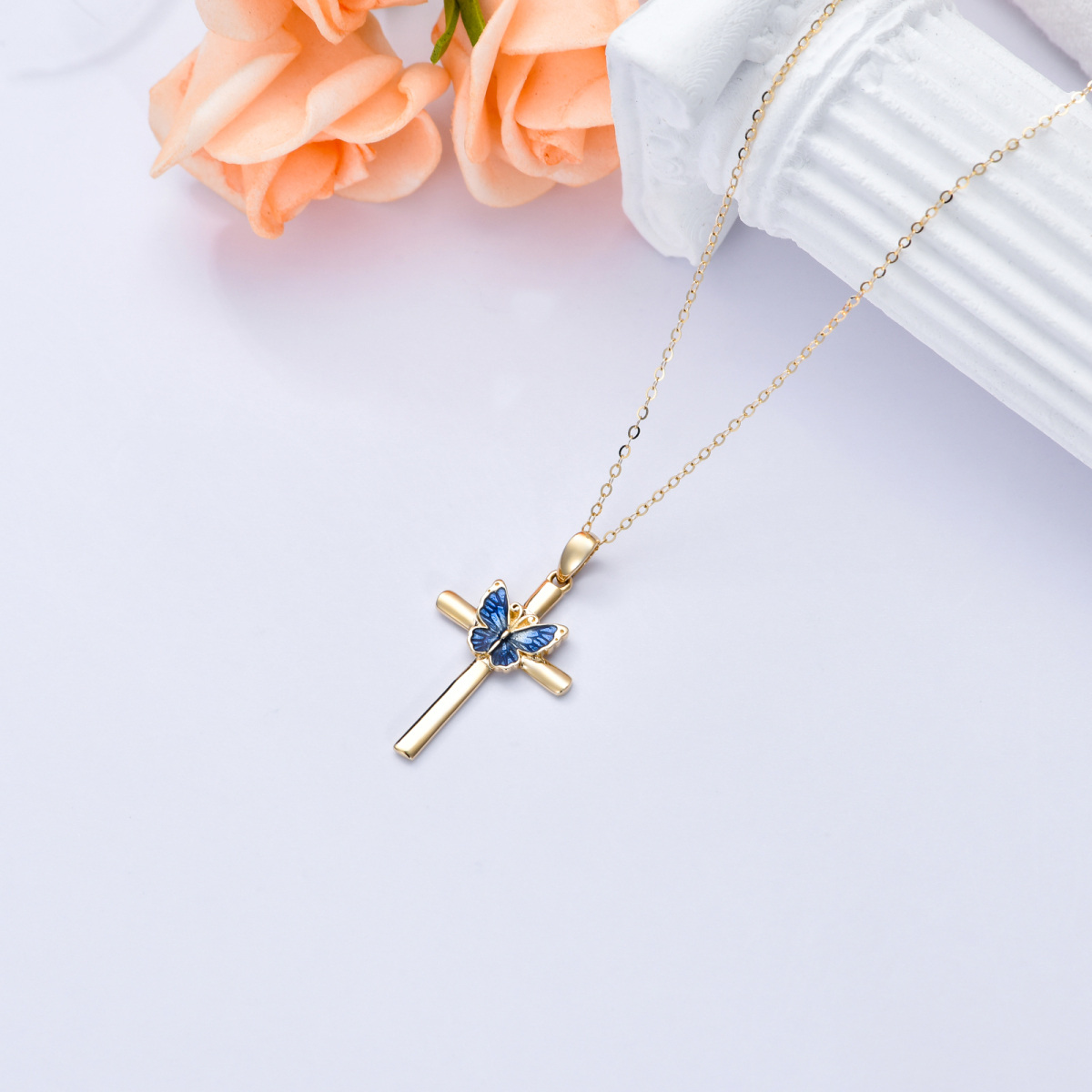 14K Gold Blue Glaze Butterfly Cross Pendant Necklace-4