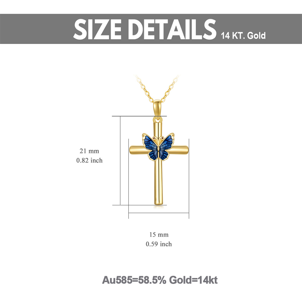 10K Gold Blue Glaze Butterfly Cross Pendant Necklace-5