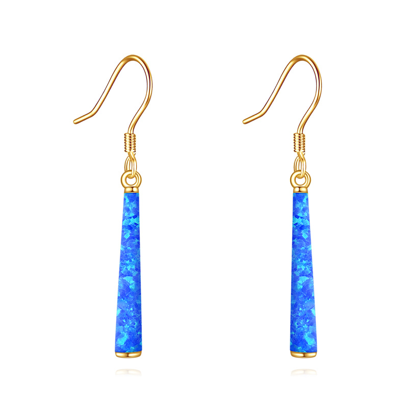 10K Gold Blue Opal Bar Drop Earrings-1