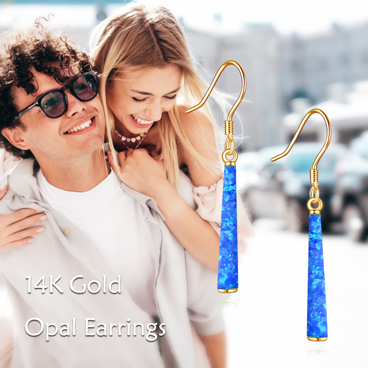 Pendientes colgantes de barra de ópalo azul en oro de 14 quilates-6