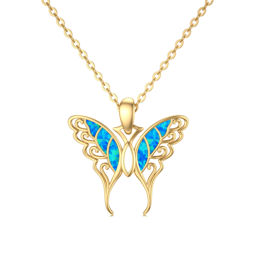 10K Gold Blue Opal Butterfly Pendant Necklace Gift for Her-1