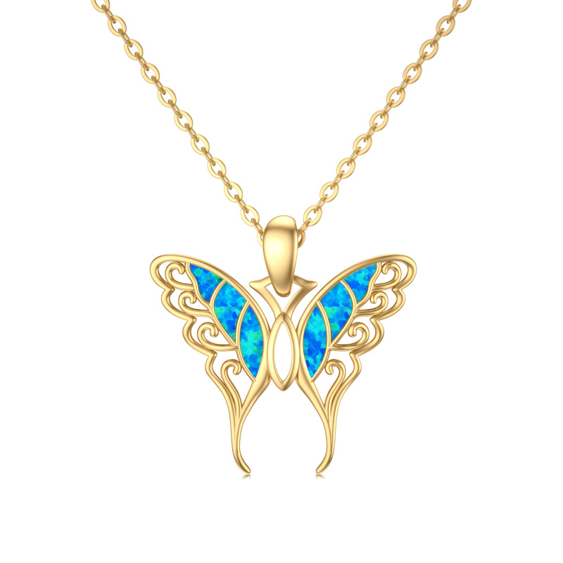 10K Gold Blue Opal Butterfly Pendant Necklace Gift for Her