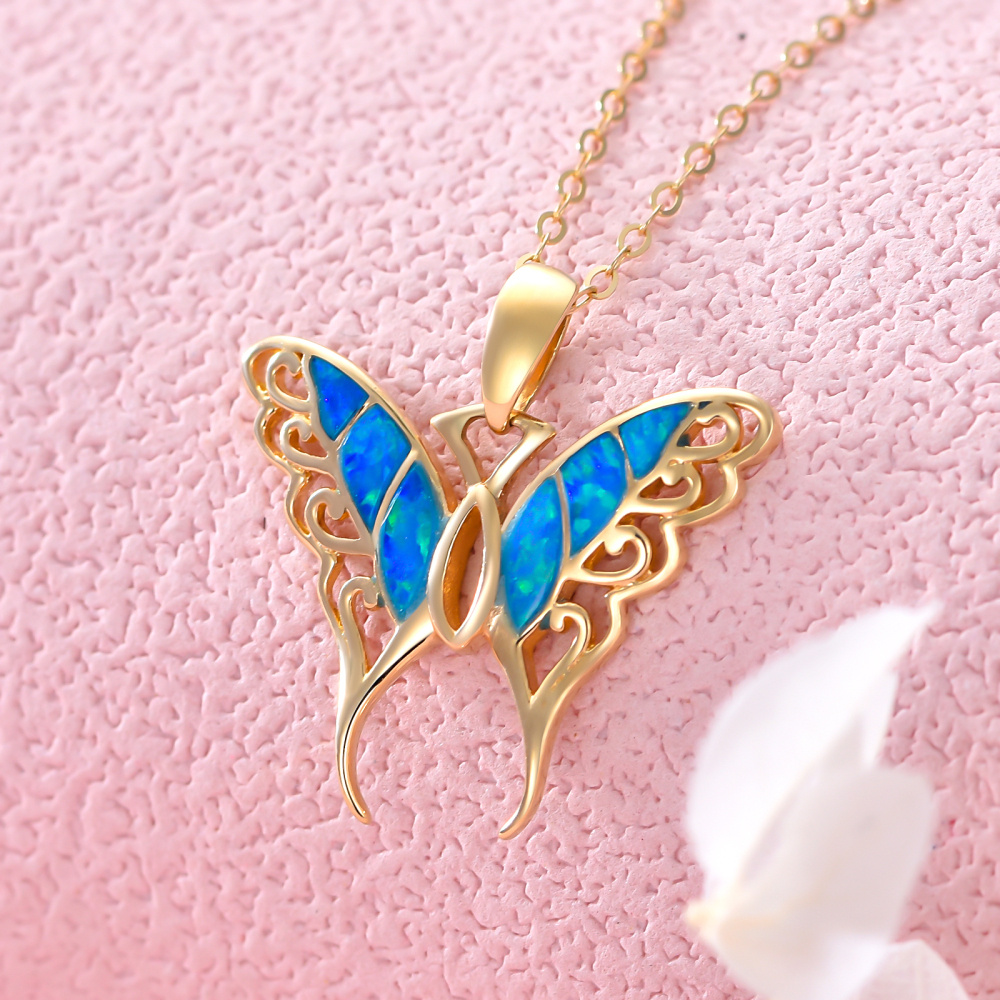 10K Gold Blue Opal Butterfly Pendant Necklace Gift for Her-3