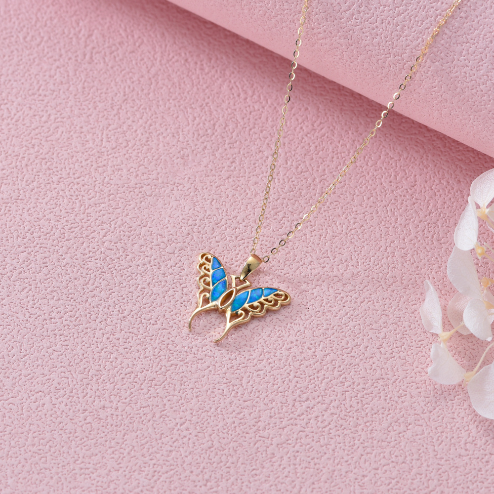 10K Gold Blue Opal Butterfly Pendant Necklace Gift for Her-4