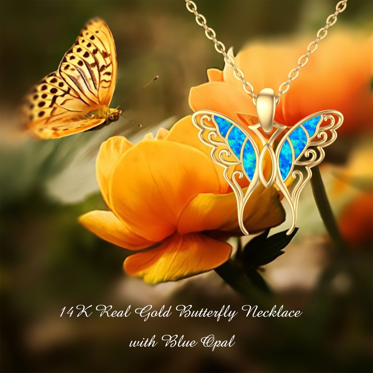 14K Gold Blue Opal Butterfly Pendant Necklace Gift for Her-5