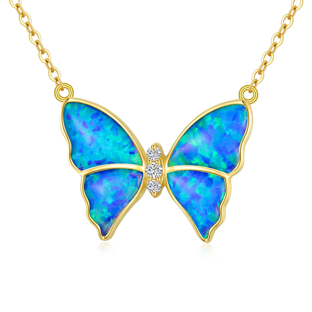 10K Gold Blue Opal Butterfly Pendant Necklace-1