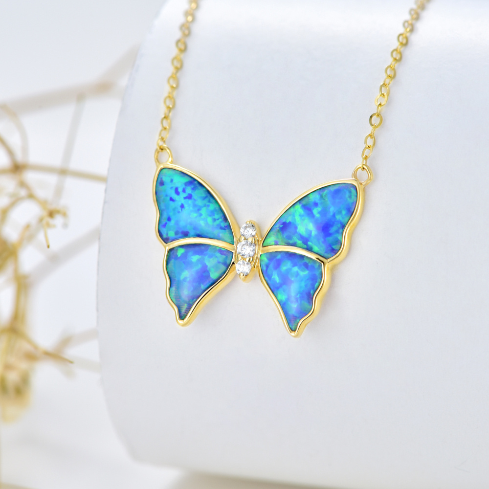 10K Gold Blue Opal Butterfly Pendant Necklace-3