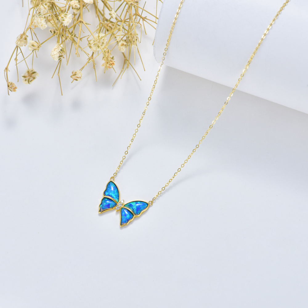 10K Gold Blue Opal Butterfly Pendant Necklace-4