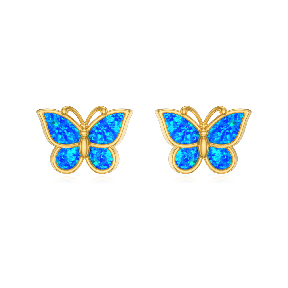 10K Gold Blue Opal Butterfly Stud Earrings-1