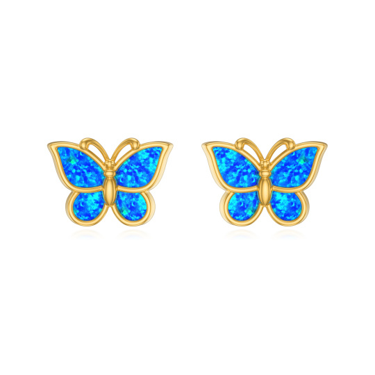 14K Gold Blue Opal Butterfly Stud Earrings-1