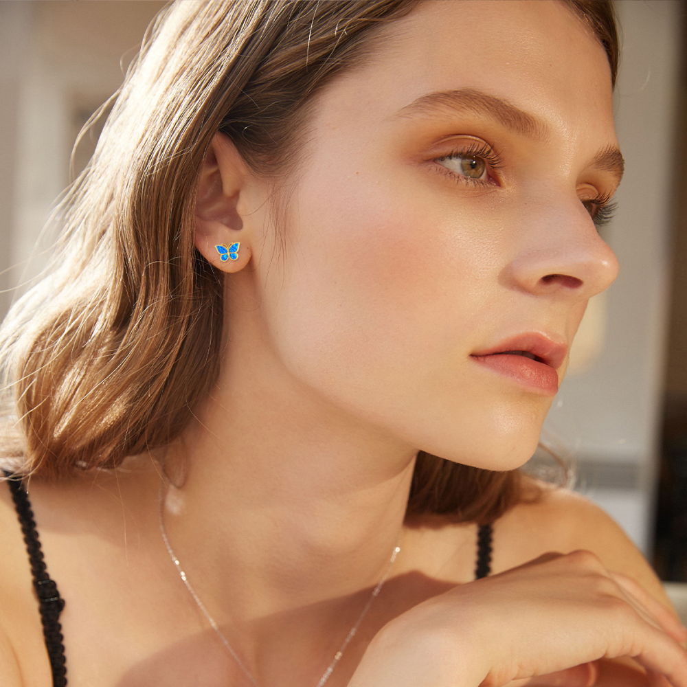 10K Gold Blue Opal Butterfly Stud Earrings-2
