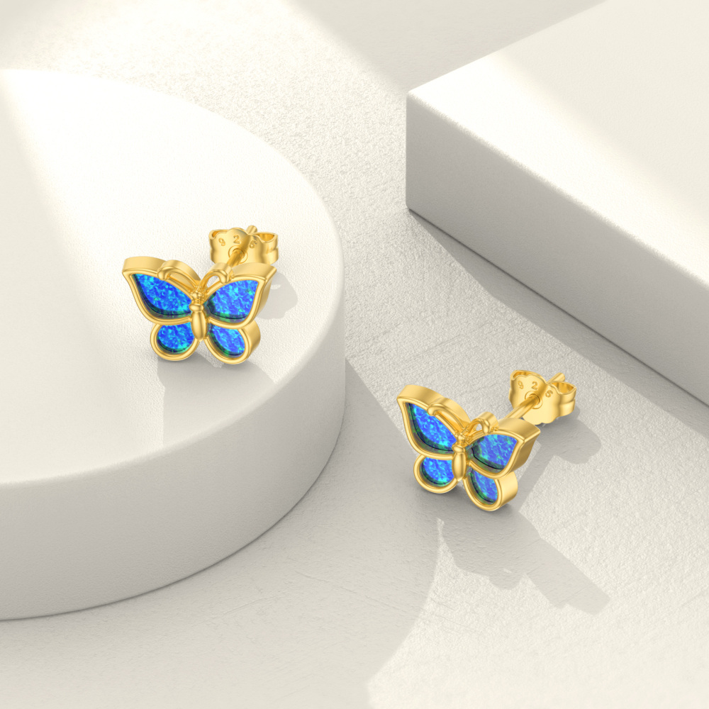 10K Gold Blue Opal Butterfly Stud Earrings-3