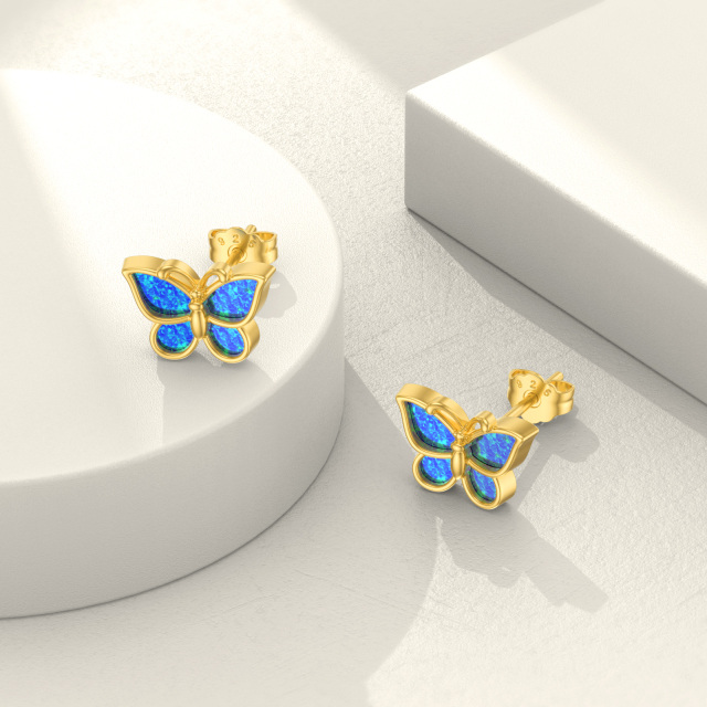 14K Gold Blue Opal Butterfly Stud Earrings-3