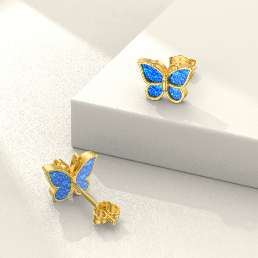 10K Gold Blue Opal Butterfly Stud Earrings-4