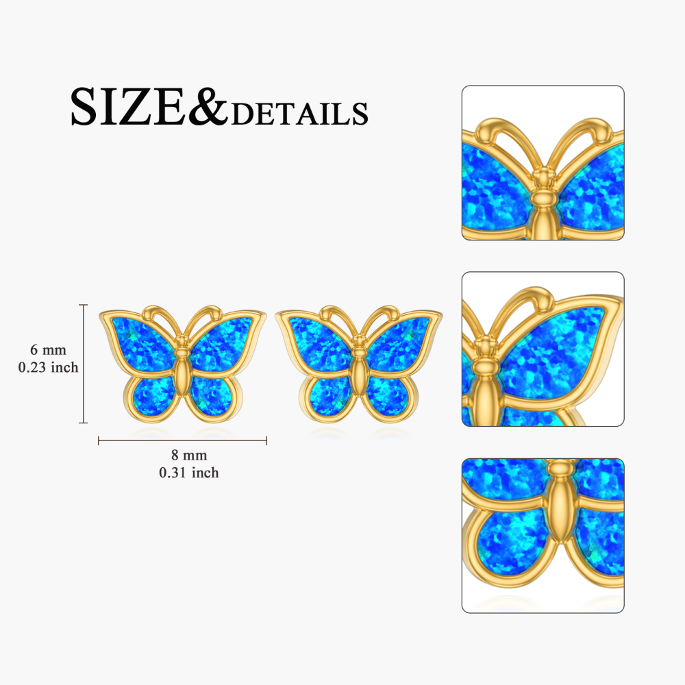 10K Gold Blue Opal Butterfly Stud Earrings-5