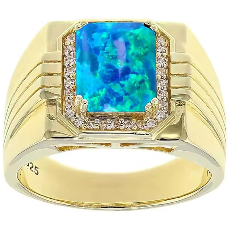 14K Gold Blue Opal with Diamonds Halo Emerald Cut Custom Engagement Ring for Men-1