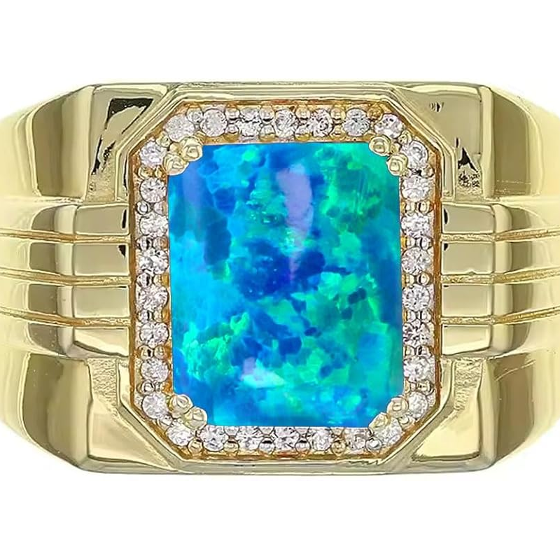 14K Gold Blue Opal with Diamonds Halo Emerald Cut Custom Engagement Ring for Men-2