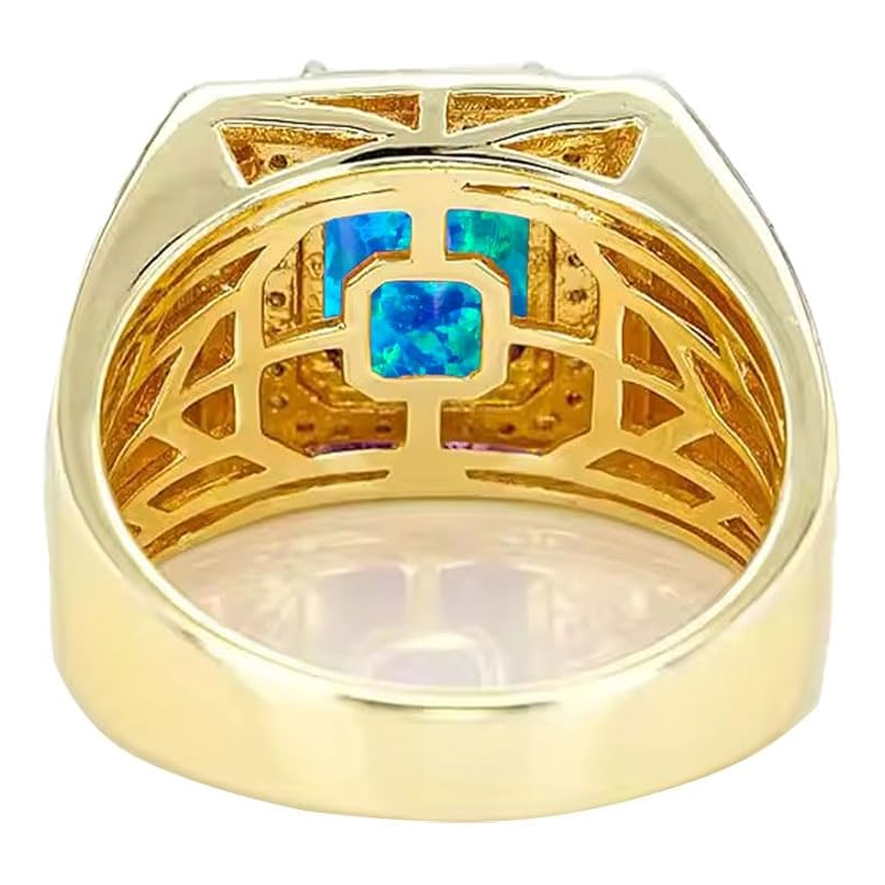 14K Gold Blue Opal with Diamonds Halo Emerald Cut Custom Engagement Ring for Men-3