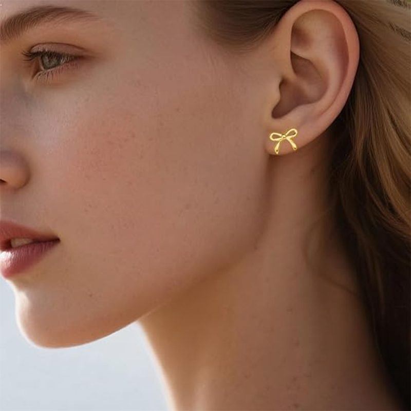 Sterling Silver with Yellow Gold Plated Bow Stud Earrings-2