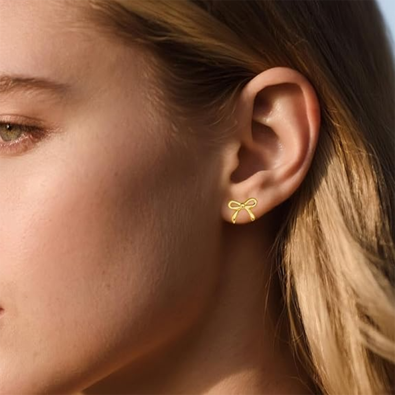 Sterling Silver with Yellow Gold Plated Bow Stud Earrings-3