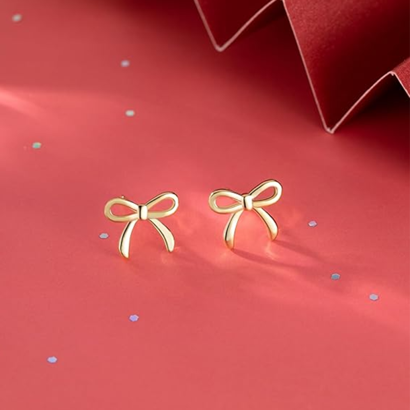 Sterling Silver with Yellow Gold Plated Bow Stud Earrings-4