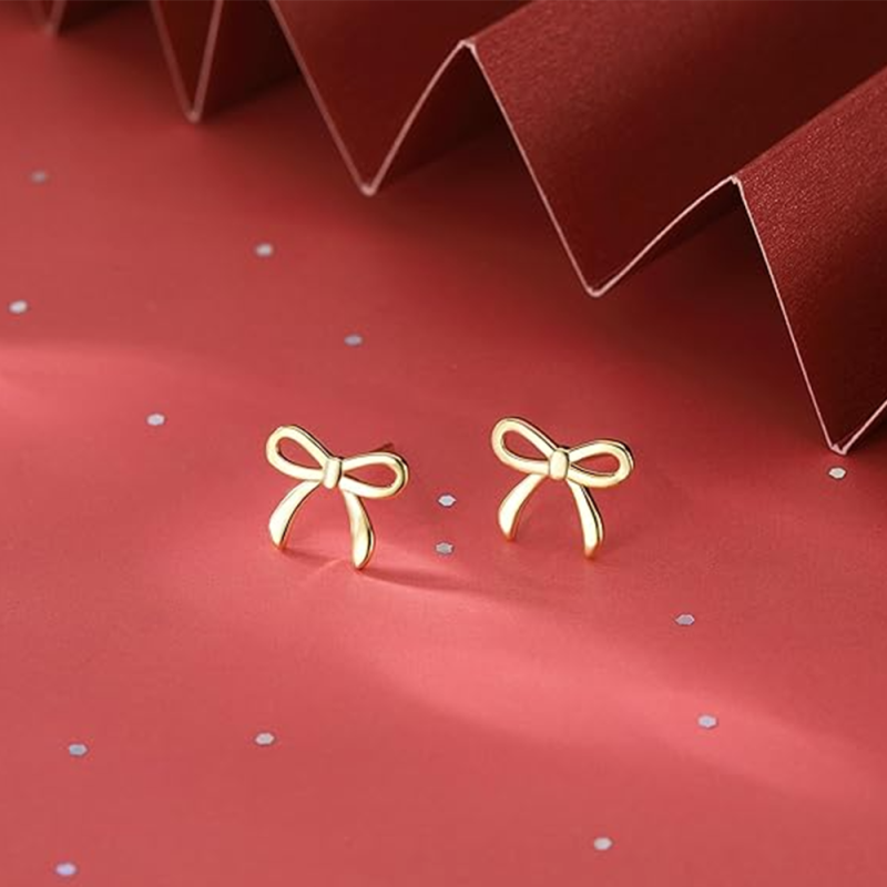 Sterling Silver with Yellow Gold Plated Bow Stud Earrings-5
