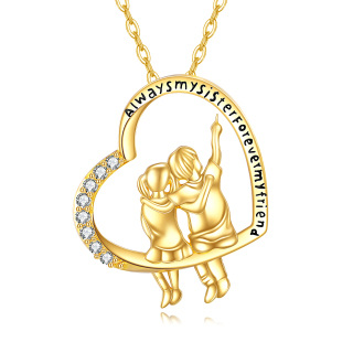14K Gold Cubic Zirconia Brother And Sister & Heart Pendant Necklace with Engraved Word-1