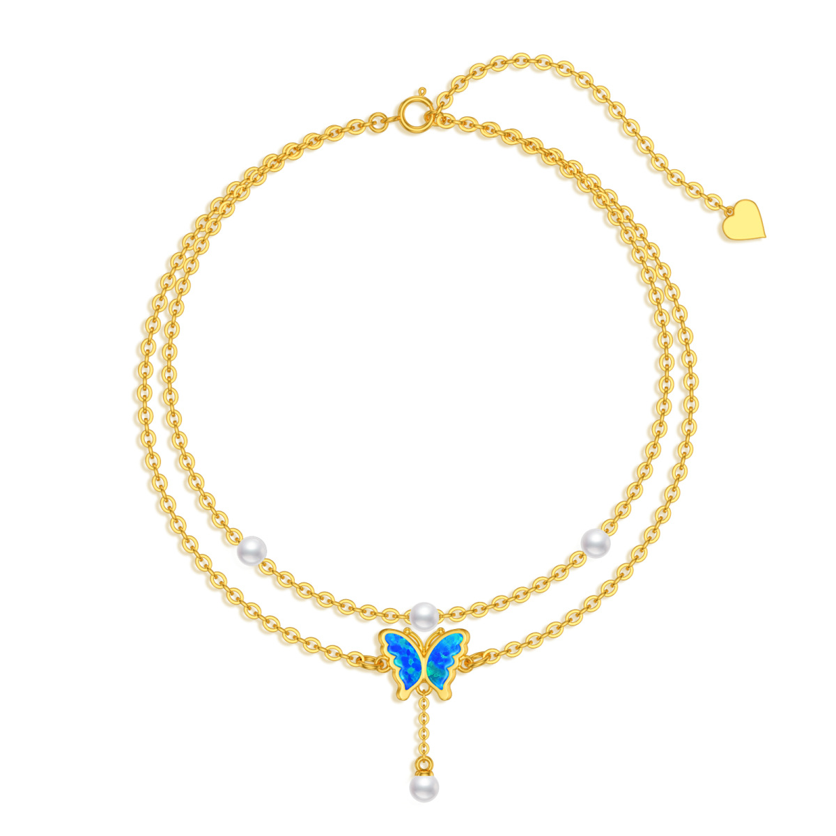 10K Gold Round Opal Pearl Butterfly Multi-layered Charm Anklet-1