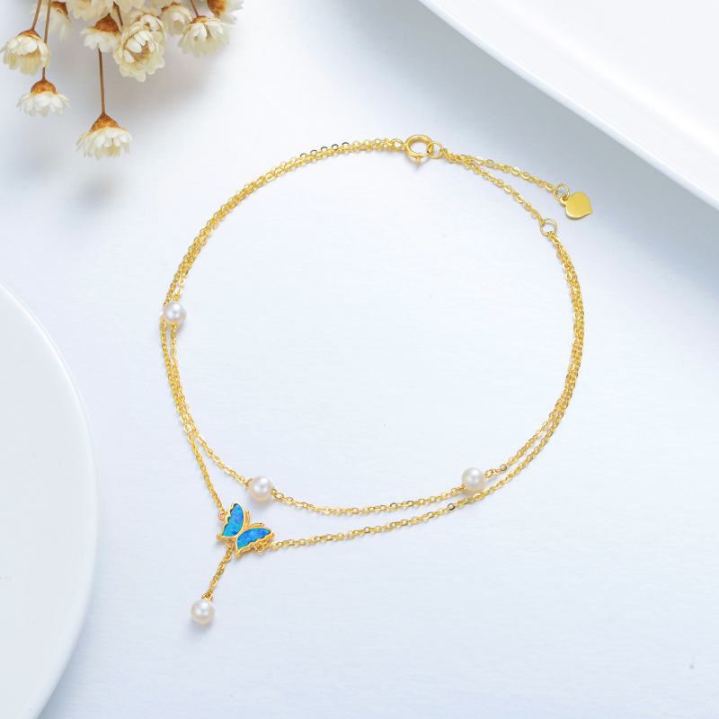 14K Gold Round Opal Pearl Butterfly Multi-layered Charm Anklet-3