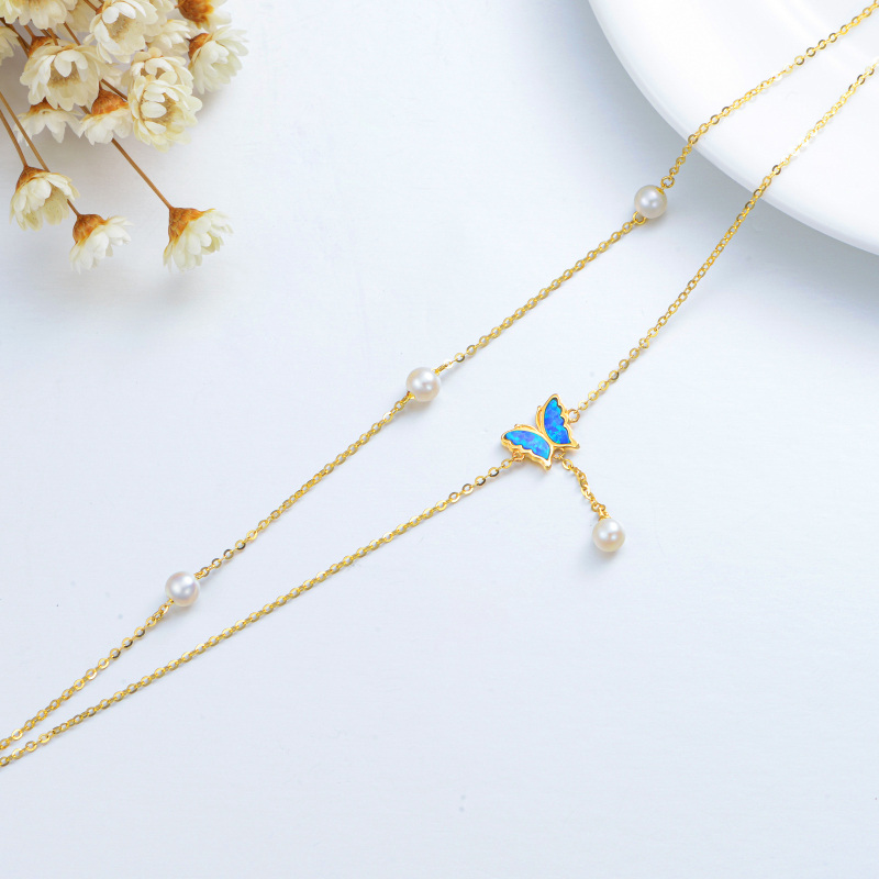 14K Gold Round Opal Pearl Butterfly Multi-layered Charm Anklet-4