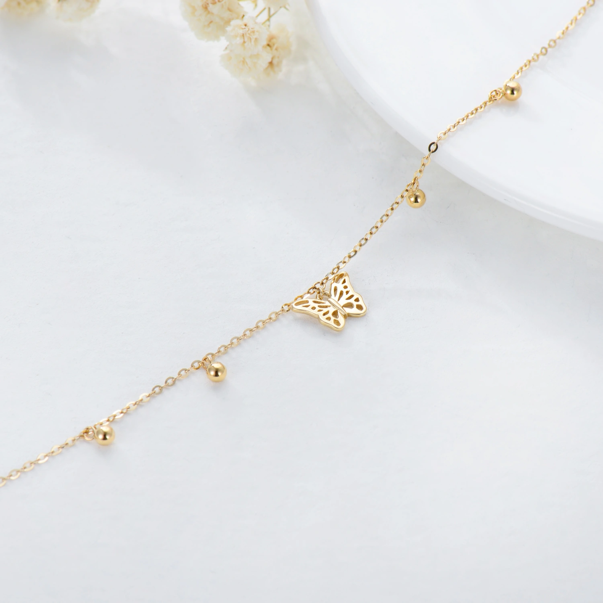 10K Gold Butterfly & Bead Single Layer Anklet-3