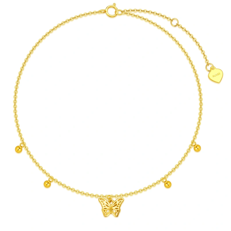 10K Gold Butterfly & Bead Single Layer Charm Anklet-4