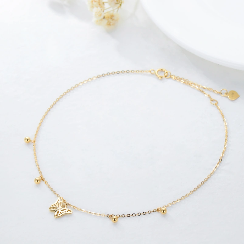 Tobillera de oro de 10 quilates con dije de mariposa y cuentas de una sola capa-3