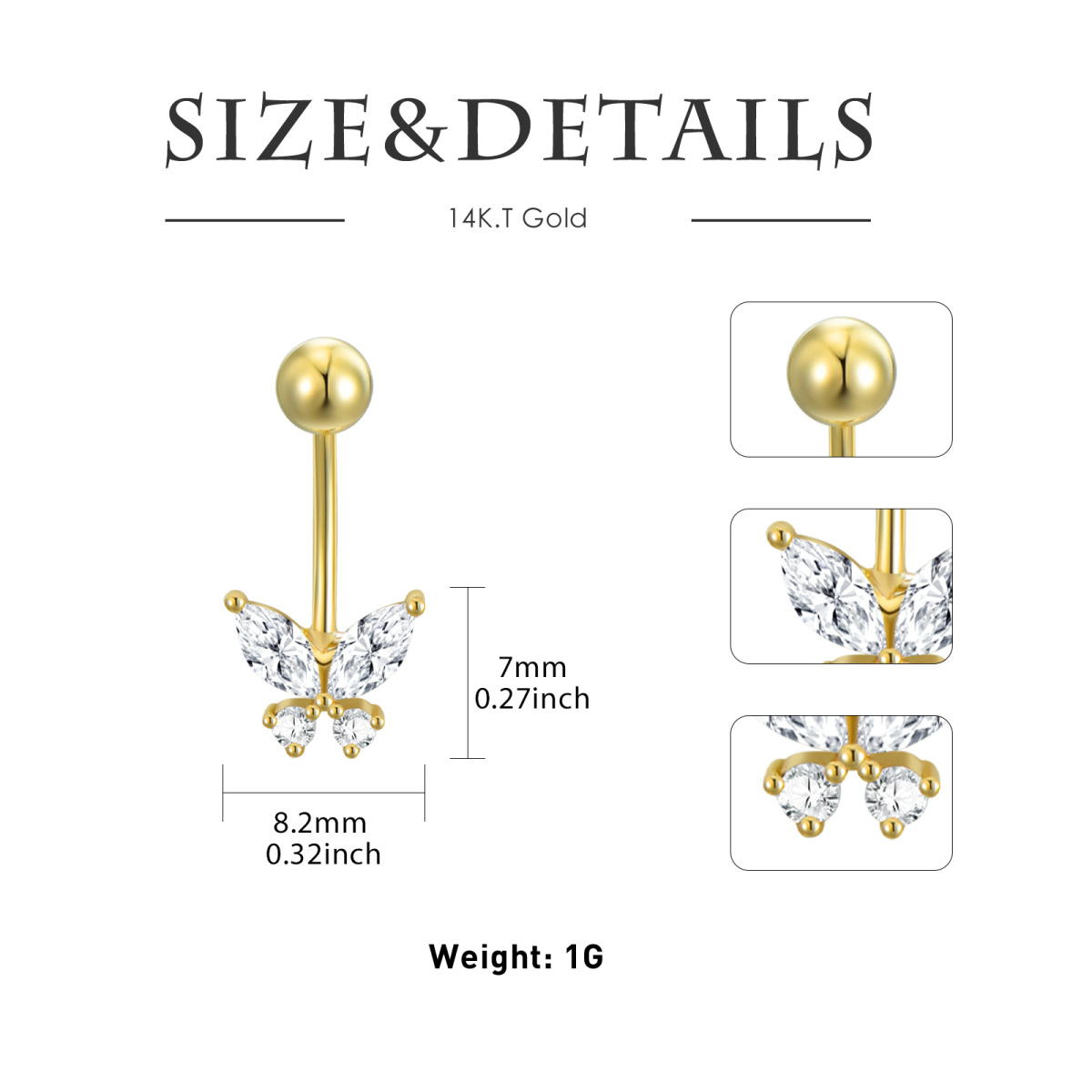 14K Gold Cubic Zirconia Butterfly Belly Button Ring-5