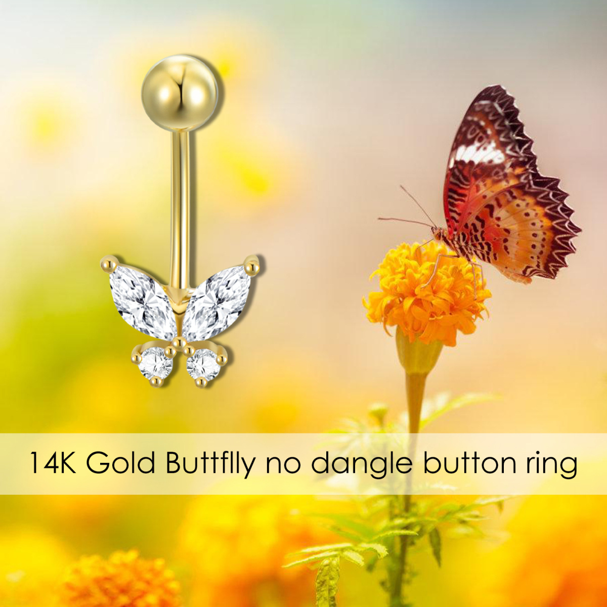 14K Gold Cubic Zirconia Butterfly Belly Button Ring-6