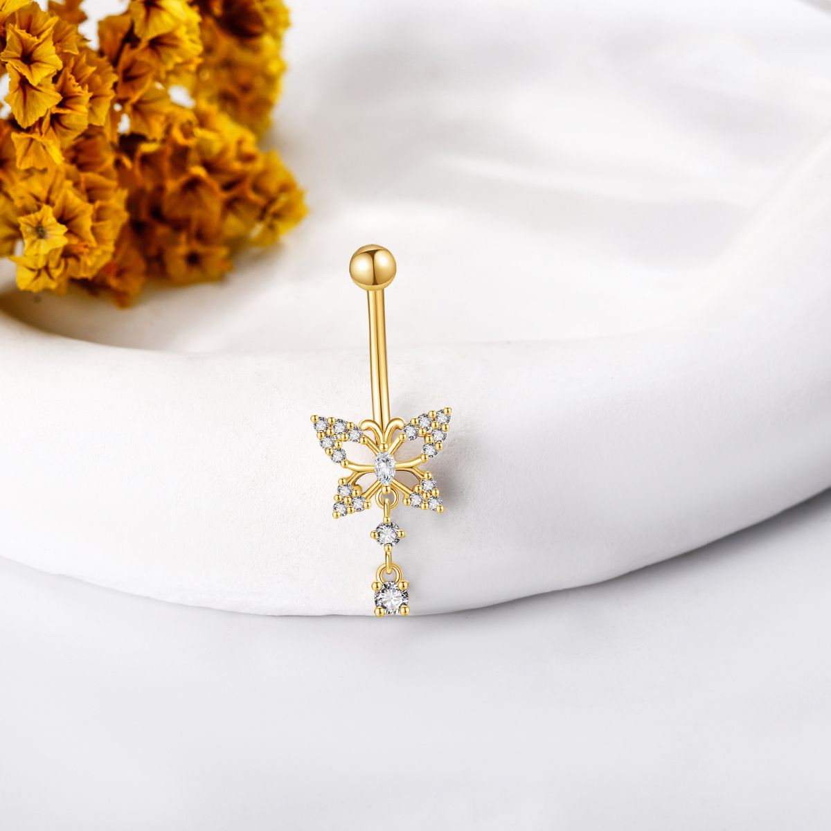 14K Gold Cubic Zirconia Butterfly Belly Button Ring-3