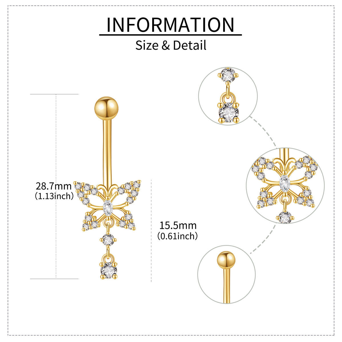 14K Gold Cubic Zirconia Butterfly Belly Button Ring-5