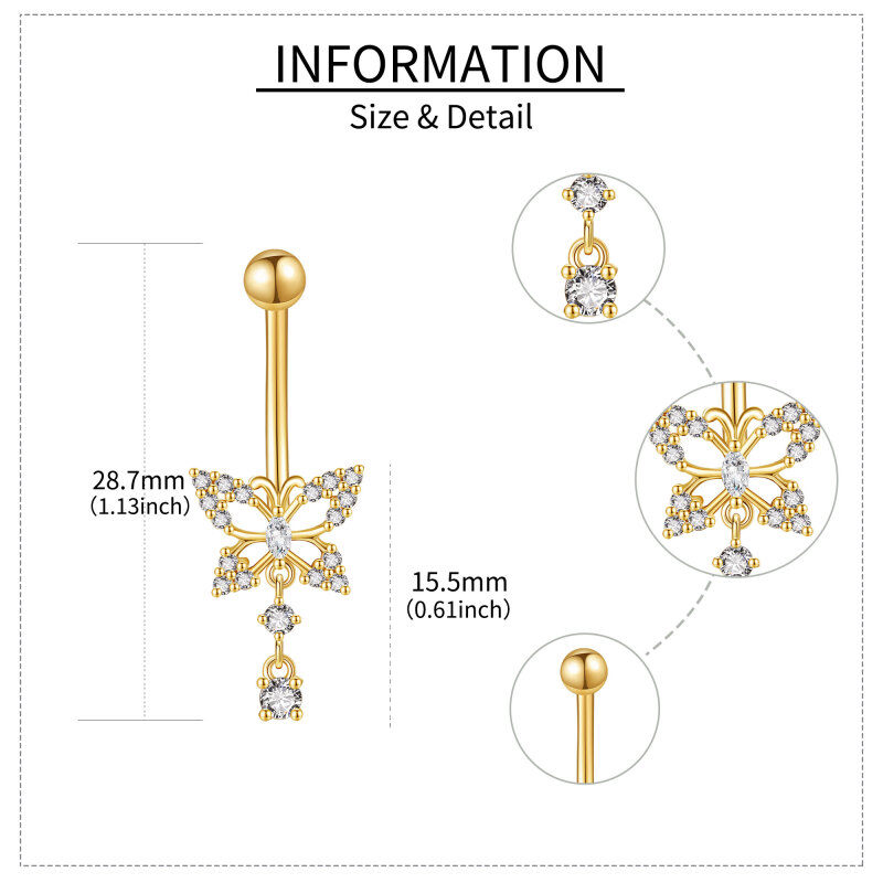Piercing para umbigo em forma de borboleta com zircónias cúbicas em ouro branco 10K-5