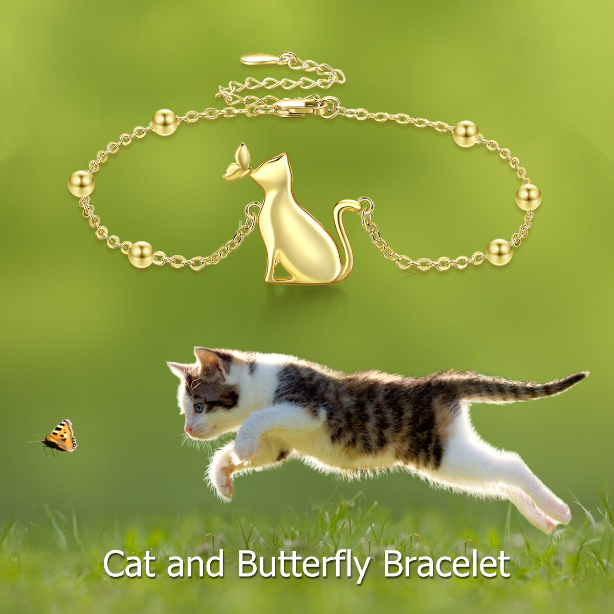 Sterling Silver with Yellow Gold Plated Butterfly & Cat Charm Bracelet-5