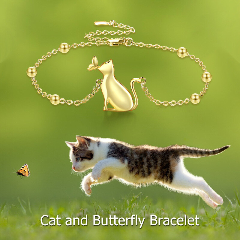Pulsera con dije de mariposa y gato de oro de 18 quilates-5