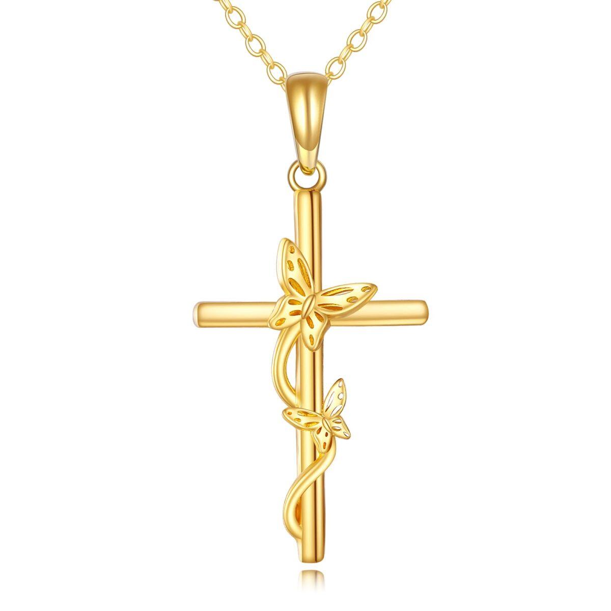 Collier pendentif papillon et croix en or 14K-1