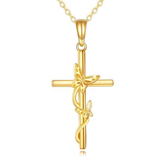 Collana con ciondolo a farfalla e croce in oro 14K