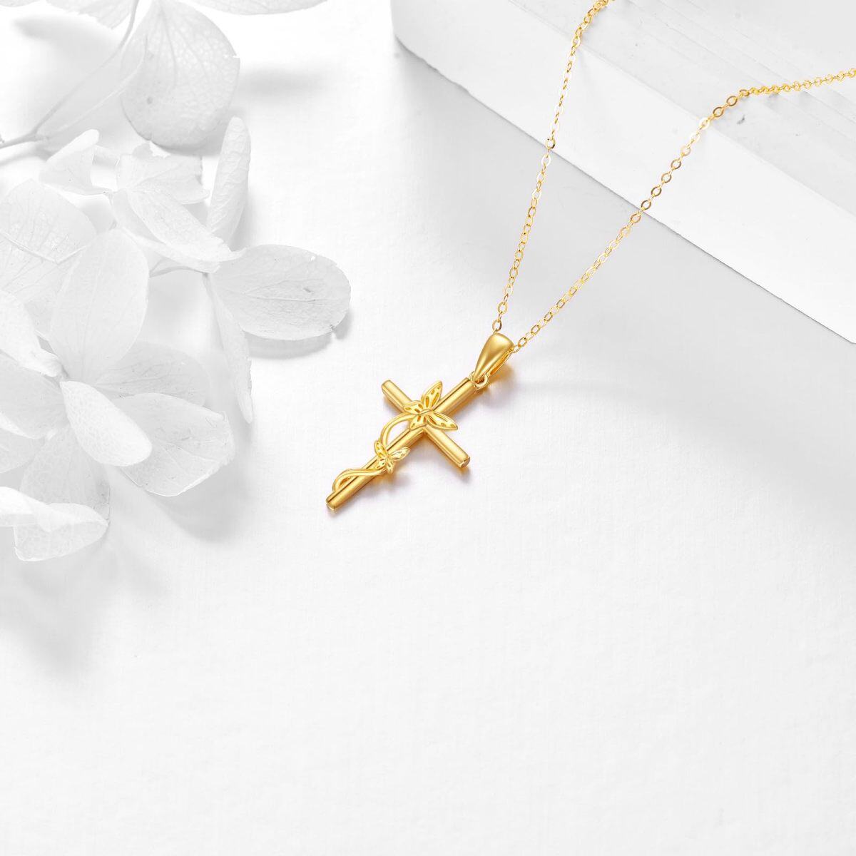 14K Gold Butterfly & Cross Pendant Necklace-3