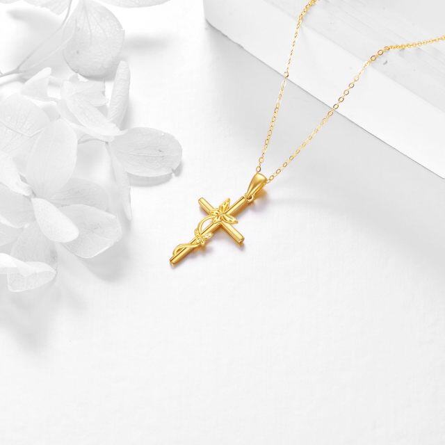 Colar com pingente de borboleta e cruz em ouro 14K-3