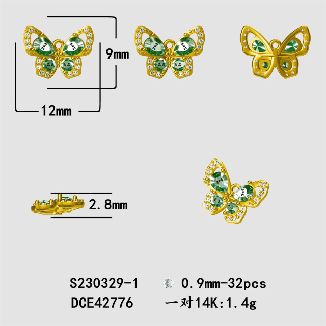 Brincos em forma de borboleta com zircónias cúbicas em ouro de 14K-4