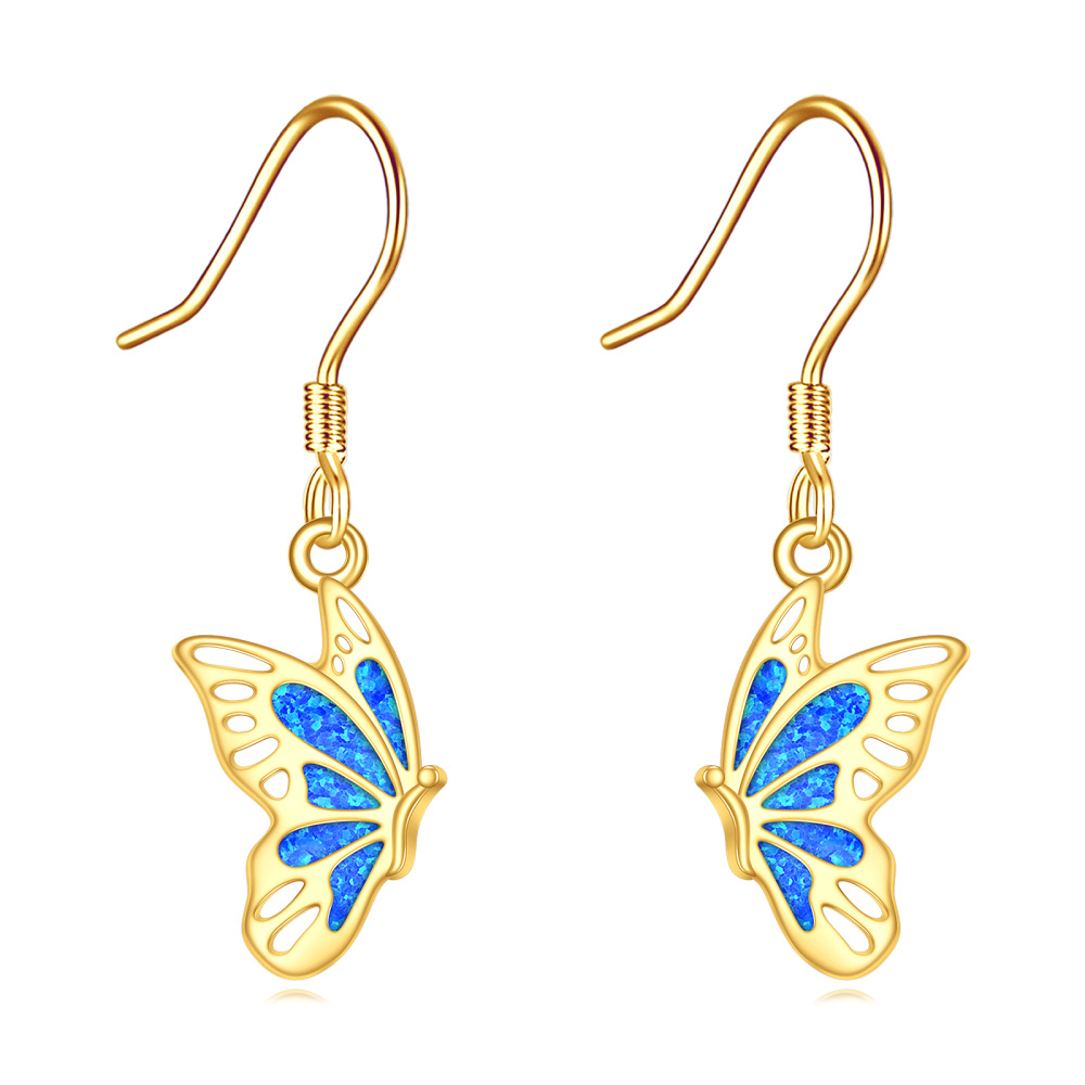 Pendientes de mariposa de oro de 14 quilates, pendientes colgantes de mariposa de ópalo, pendientes de palanca de oro macizo-1