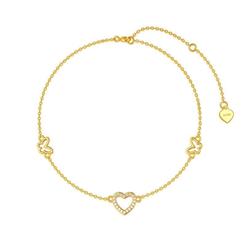 Pulsera con dije de mariposa y corazón de circonita cúbica en oro de 10 quilates-1