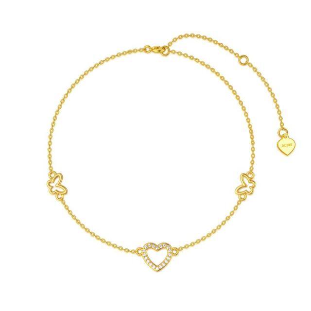 Bracciale con ciondolo a farfalla e cuore con zirconia cubica in oro 14K