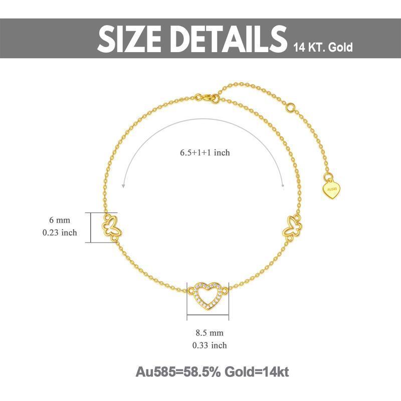 Pulsera con dije de mariposa y corazón de circonita cúbica en oro de 10 quilates-5